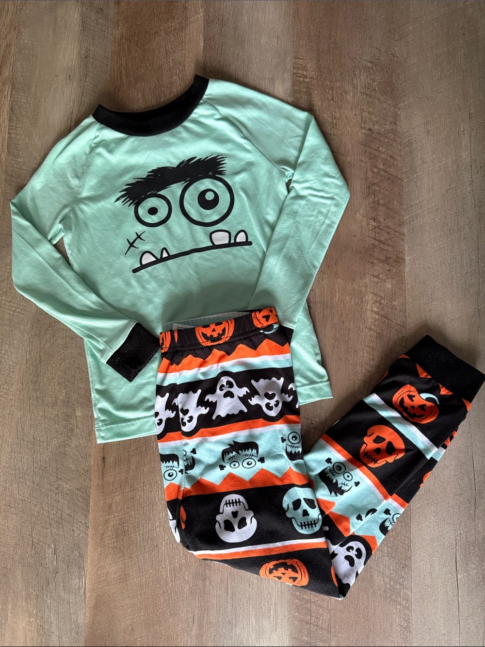 Halloween Kids 5T Monster Pajama Set - Mint & Orange Frankenstein